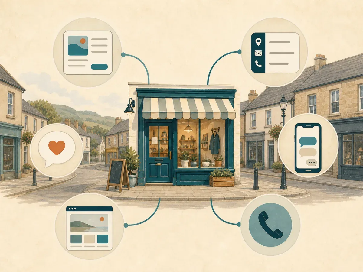 Illustration of a local shop connected to business information, reviews, messaging, a website and phone contact.