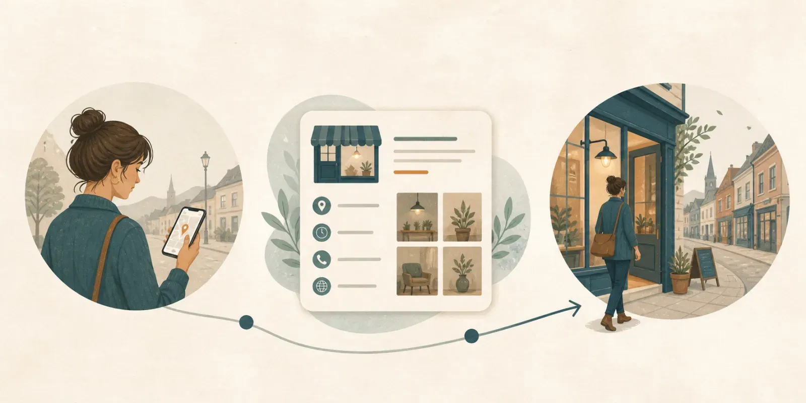 Illustration showing a customer searching, checking useful business information and visiting a local business.