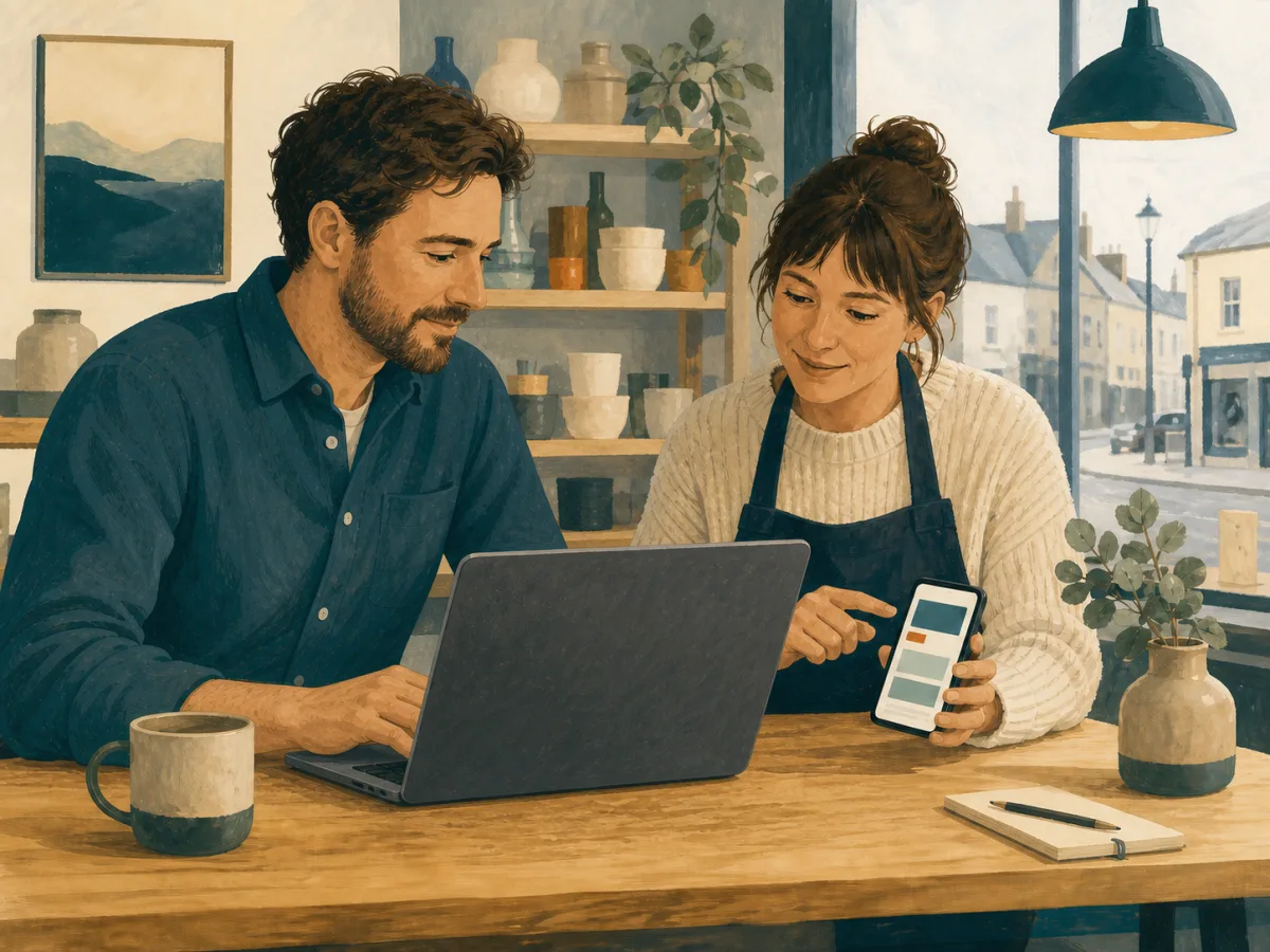 Illustration of a business owner and web adviser reviewing a website on a laptop and phone.