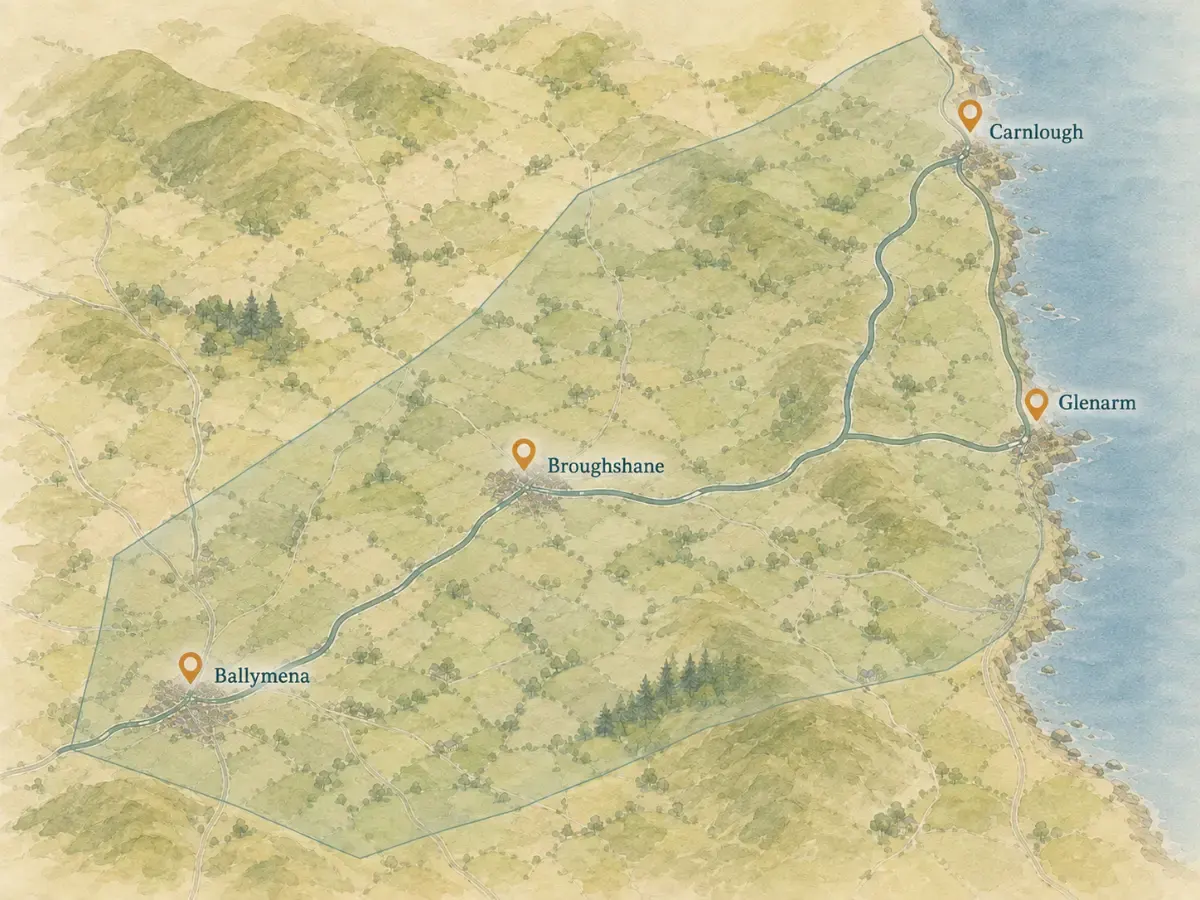 Illustrated map of Ember Harbour's service area around Ballymena, Broughshane, Glenarm and Carnlough